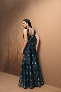 Green mirror embroidered silk sharara set with corset blouse for festive and party wear
