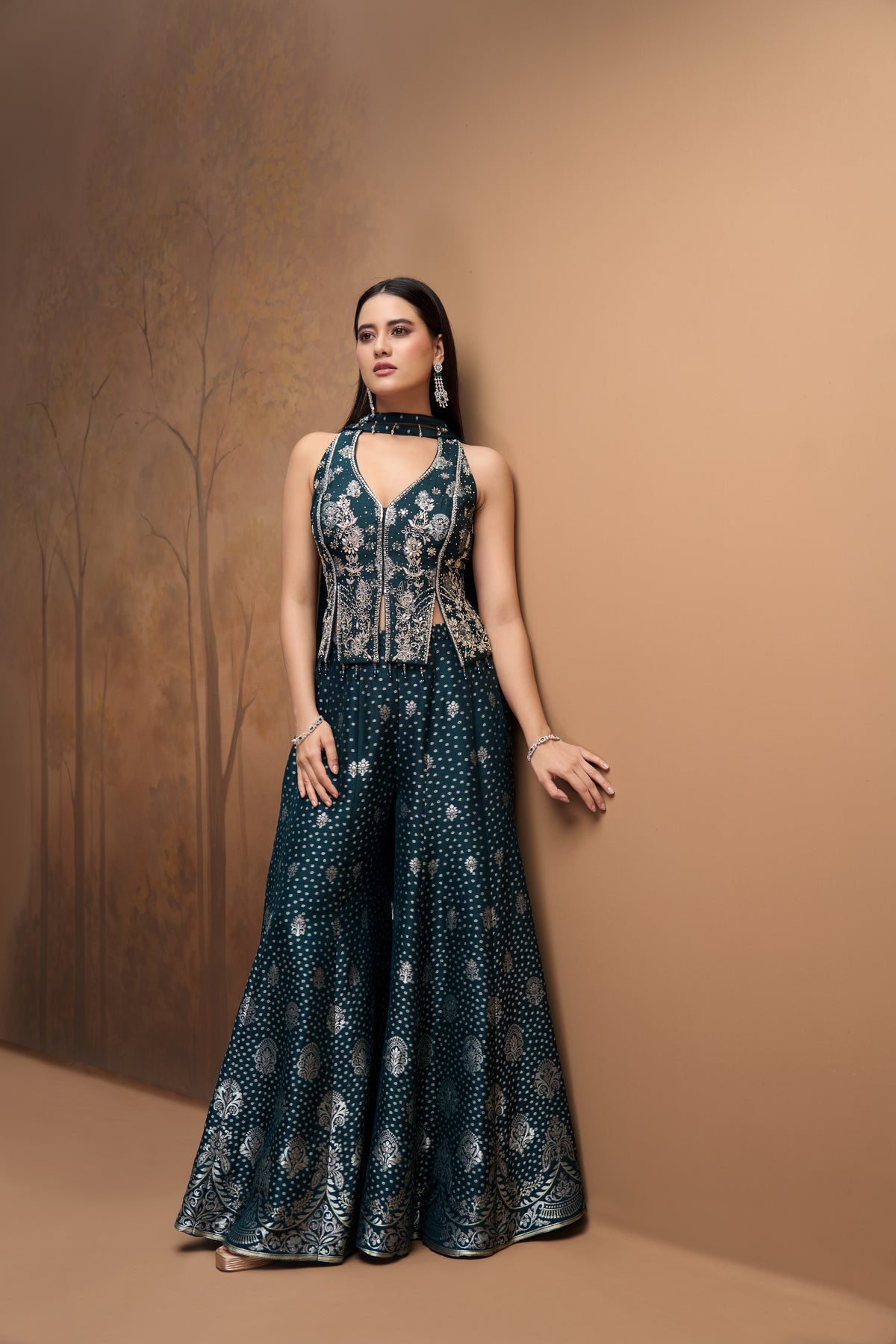 Green mirror work silk corset sharara set for mehendi and sangeet celebrations