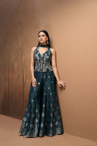 Green mirror work silk corset sharara set for mehendi and sangeet celebrations
