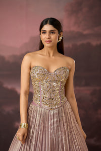 LILAC MIRROR EMBROIDERED TISSUE SILK CORSET LEHENGA SET | Nishly Fashion House