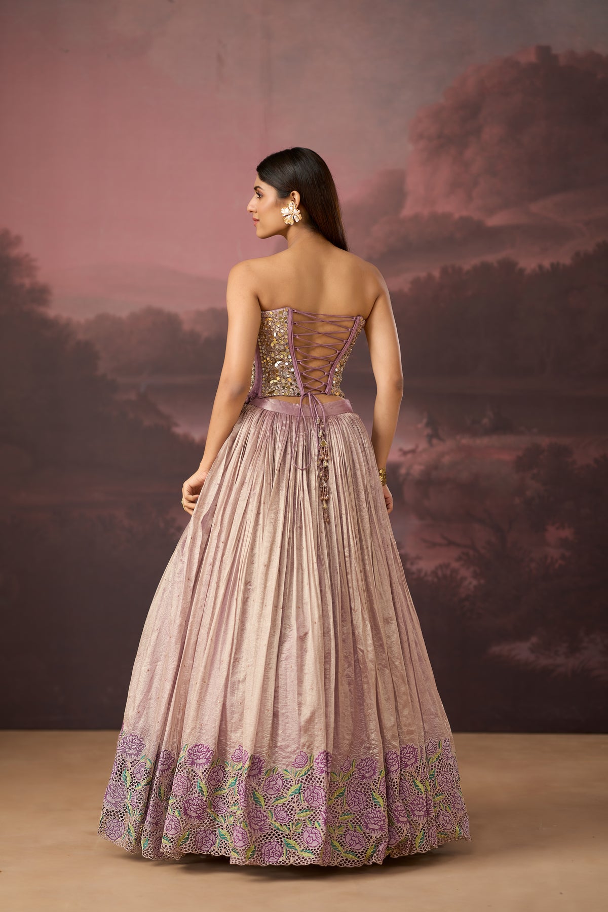 LILAC MIRROR EMBROIDERED TISSUE SILK CORSET LEHENGA SET | Nishly Fashion House