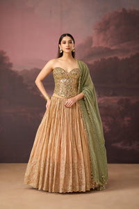 PEACH MIRROR EMBROIDERED TISSUE SILK CORSET LEHENGA SET | Nishly Fashion House