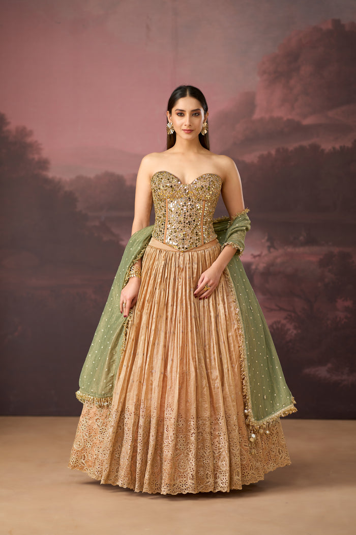 PEACH MIRROR EMBROIDERED TISSUE SILK CORSET LEHENGA SET | Nishly Fashion House
