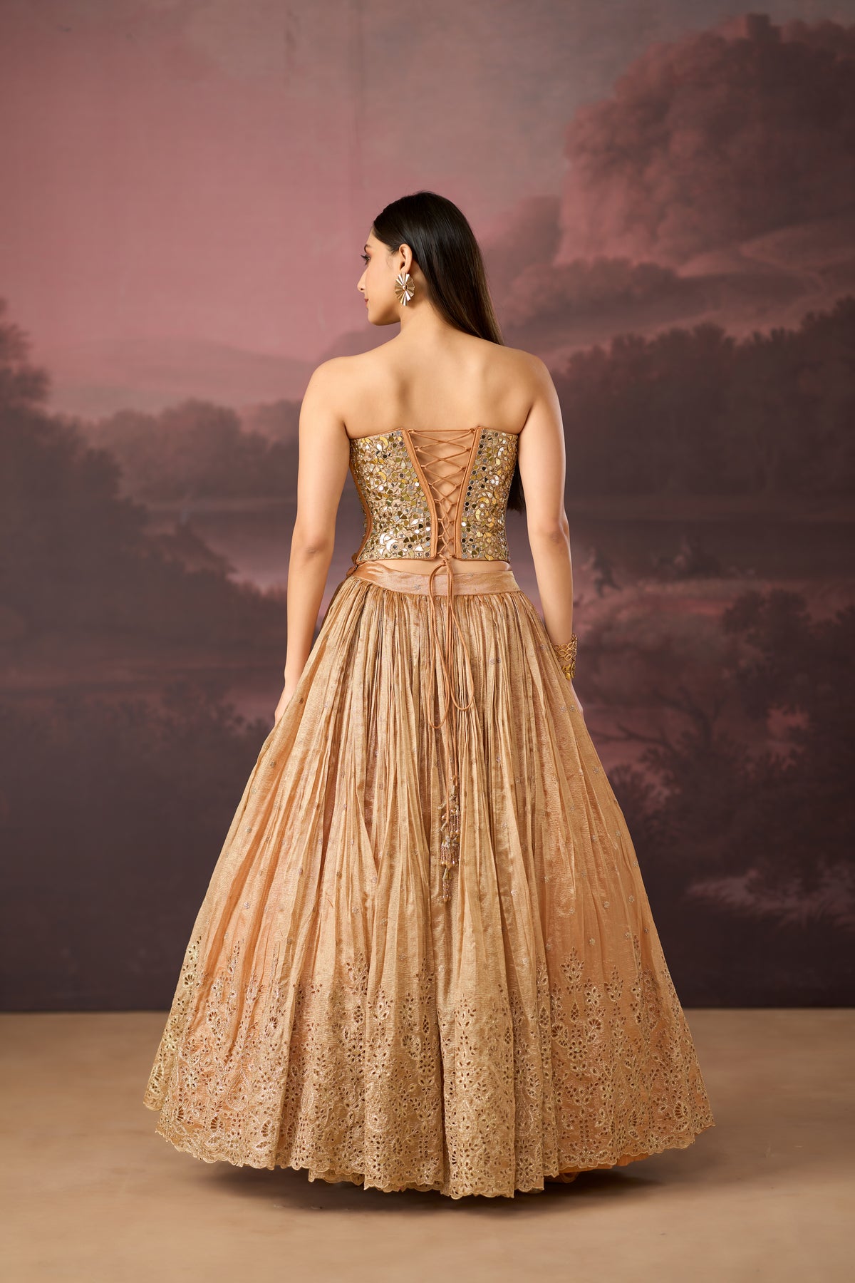 PEACH MIRROR EMBROIDERED TISSUE SILK CORSET LEHENGA SET | Nishly Fashion House