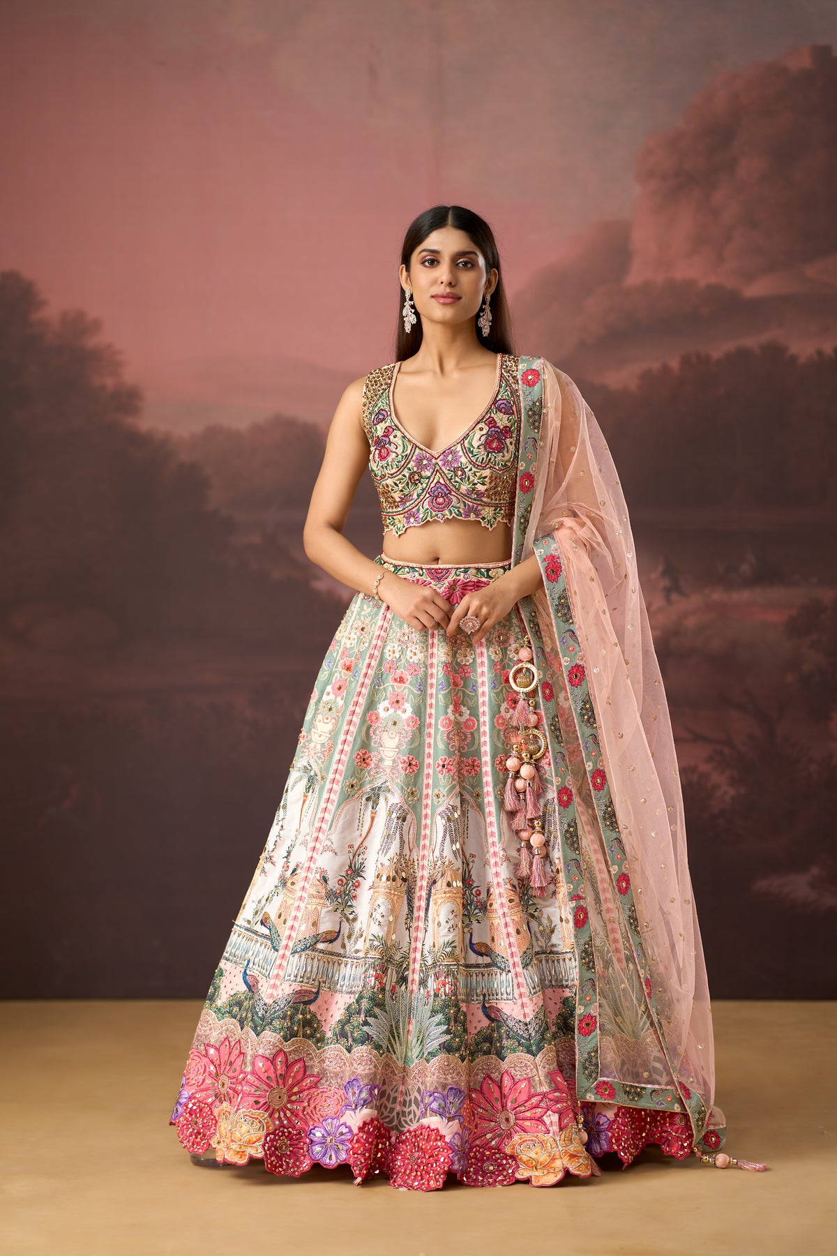 PEACH PRINTED SILK LEHENGA SET WITH INTRICATE EMBROIDERY | Nishly Fashion House