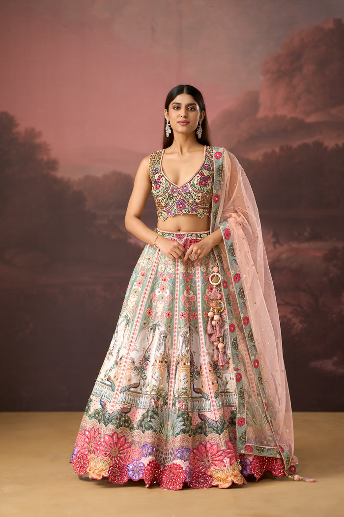 PEACH PRINTED SILK LEHENGA SET WITH INTRICATE EMBROIDERY | Nishly Fashion House