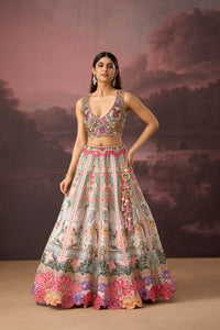 PEACH PRINTED SILK LEHENGA SET WITH INTRICATE EMBROIDERY | Nishly Fashion House