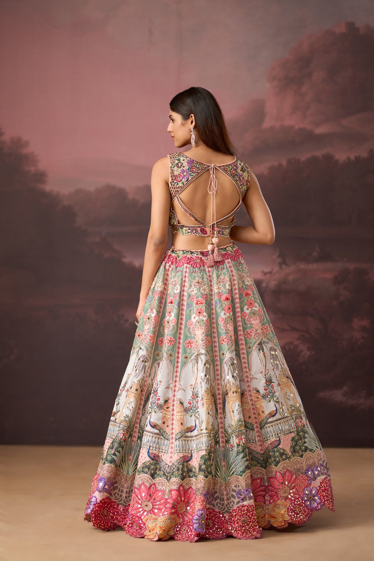PEACH PRINTED SILK LEHENGA SET WITH INTRICATE EMBROIDERY | Nishly Fashion House