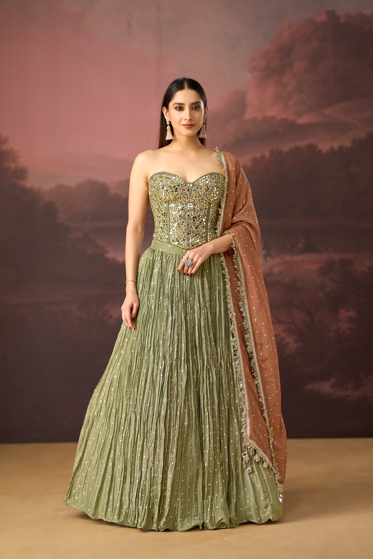 GREEN MIRROR EMBROIDERED TISSUE SILK CORSET LEHENGA SET | Nishly Fashion House