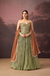 GREEN MIRROR EMBROIDERED TISSUE SILK CORSET LEHENGA SET | Nishly Fashion House