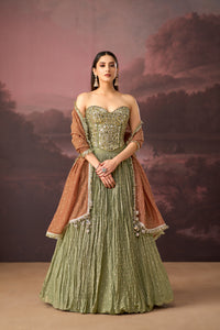 GREEN MIRROR EMBROIDERED TISSUE SILK CORSET LEHENGA SET | Nishly Fashion House