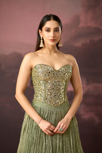 GREEN MIRROR EMBROIDERED TISSUE SILK CORSET LEHENGA SET | Nishly Fashion House