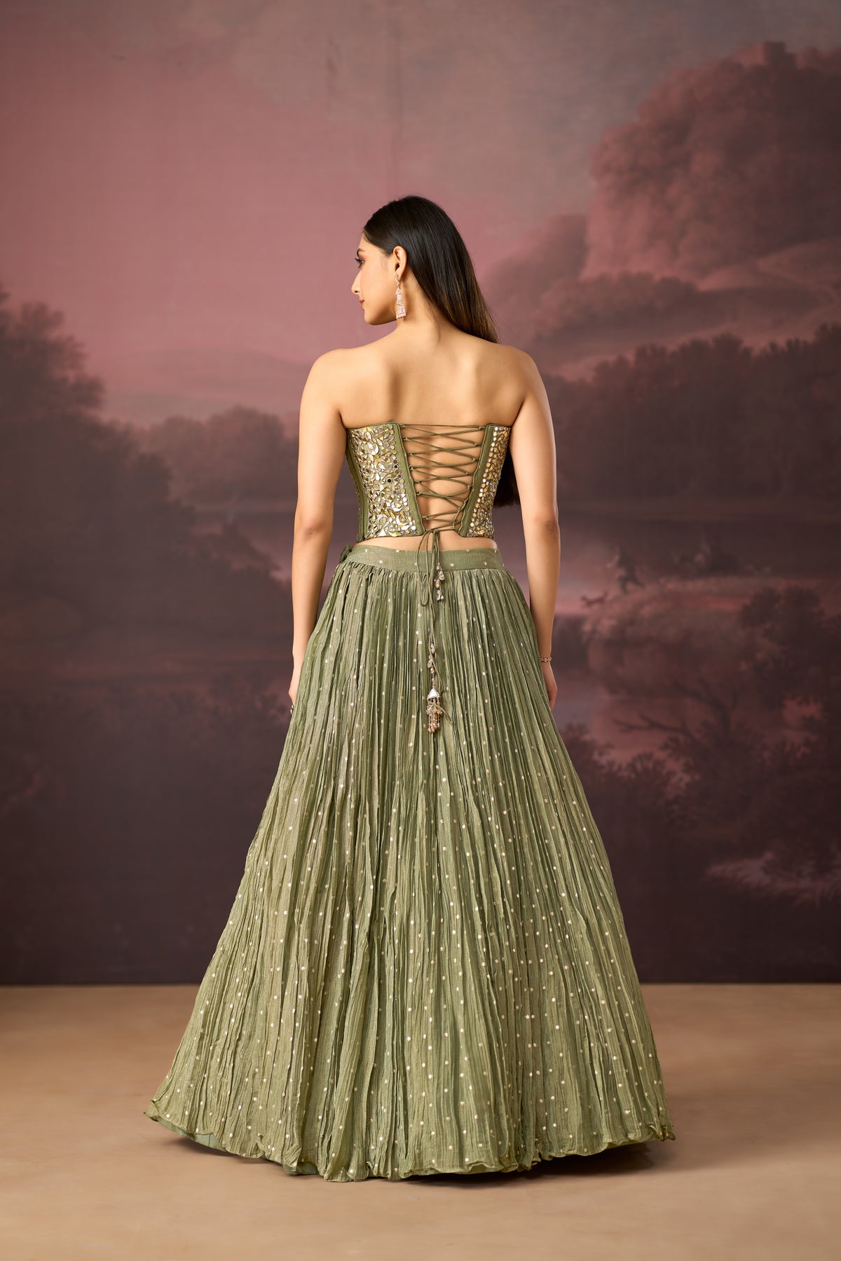 GREEN MIRROR EMBROIDERED TISSUE SILK CORSET LEHENGA SET | Nishly Fashion House