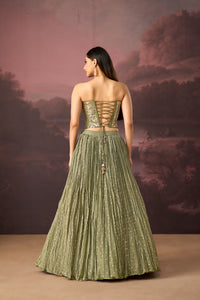 GREEN MIRROR EMBROIDERED TISSUE SILK CORSET LEHENGA SET | Nishly Fashion House