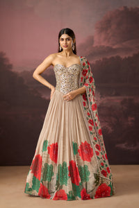 BEIGE MIRROR EMBROIDERED PRINTED CORSET LEHENGA SET | Nishly Fashion House