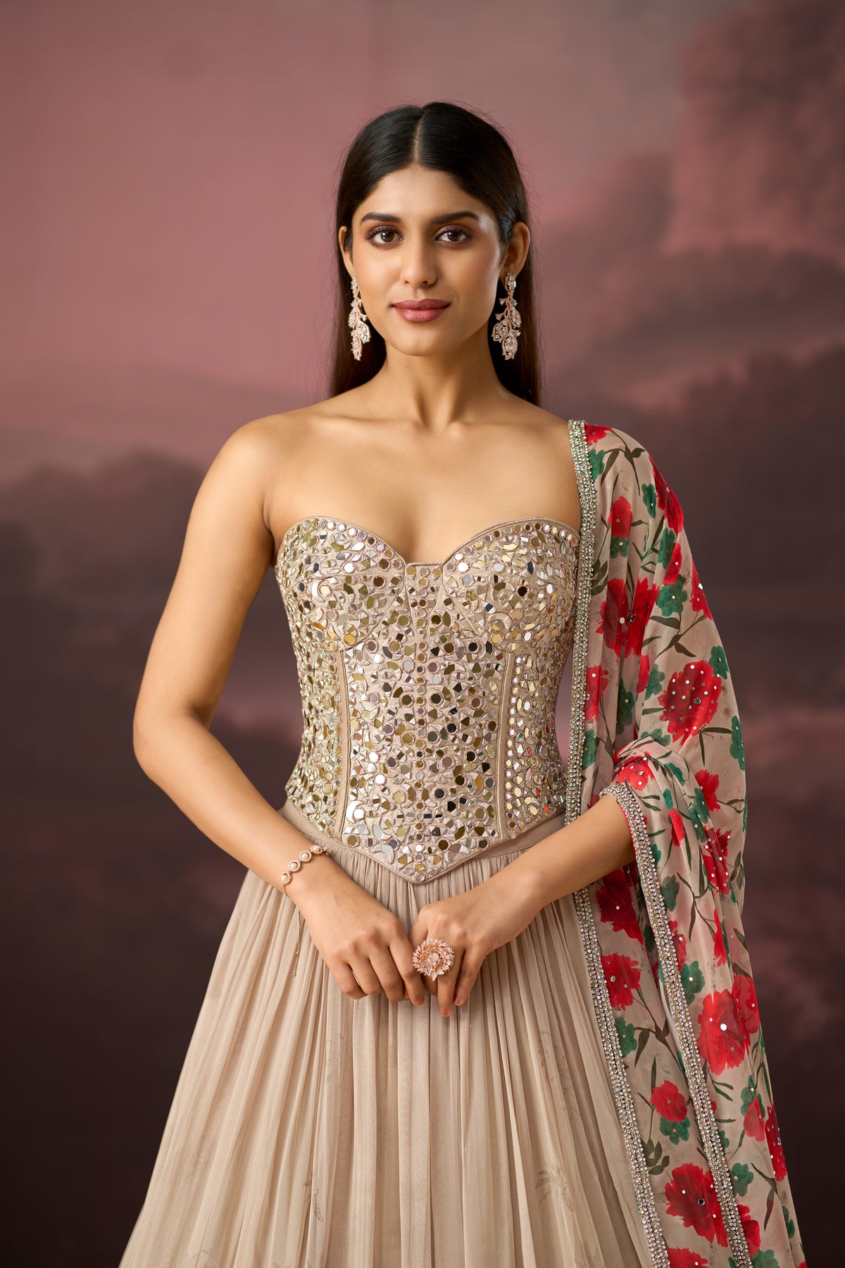 BEIGE MIRROR EMBROIDERED PRINTED CORSET LEHENGA SET | Nishly Fashion House