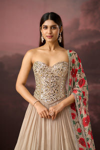 BEIGE MIRROR EMBROIDERED PRINTED CORSET LEHENGA SET | Nishly Fashion House