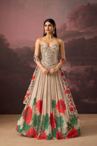 BEIGE MIRROR EMBROIDERED PRINTED CORSET LEHENGA SET | Nishly Fashion House