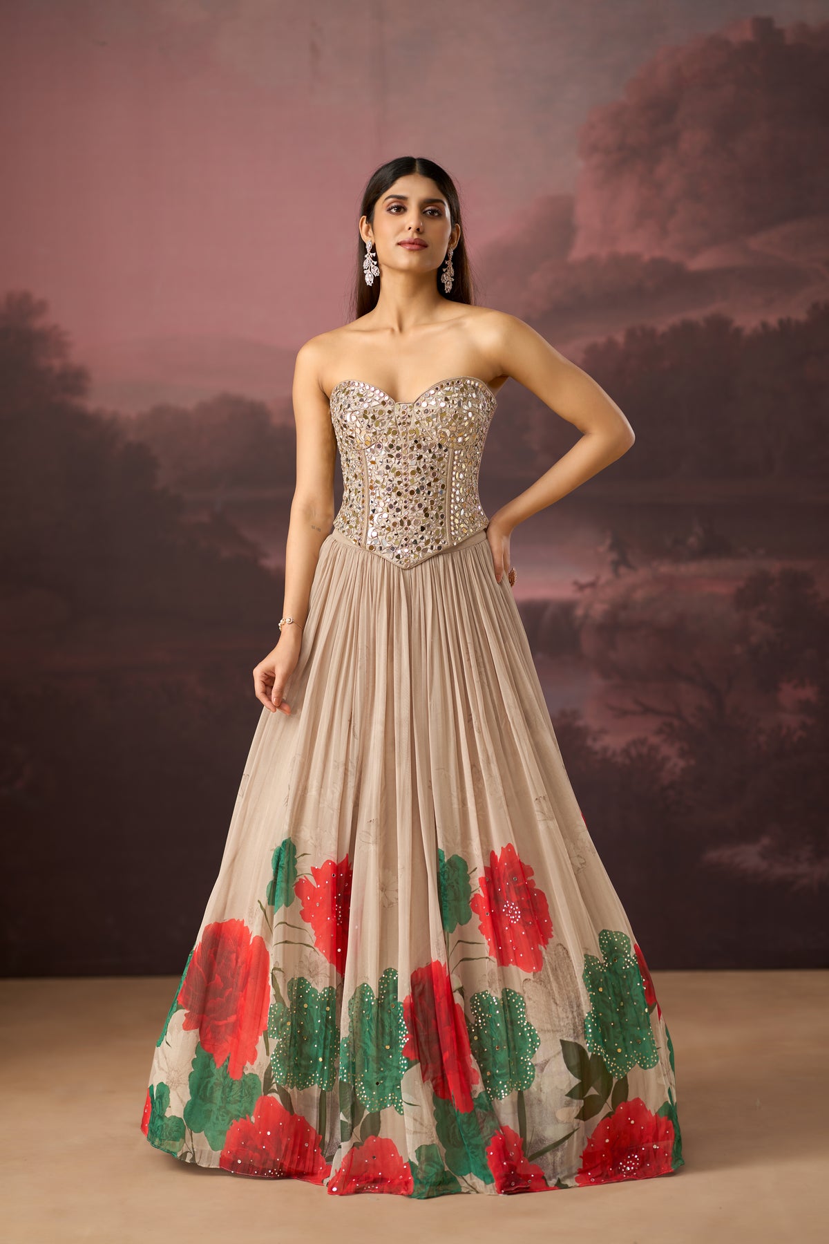 BEIGE MIRROR EMBROIDERED PRINTED CORSET LEHENGA SET | Nishly Fashion House