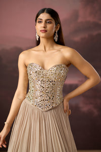 BEIGE MIRROR EMBROIDERED PRINTED CORSET LEHENGA SET | Nishly Fashion House