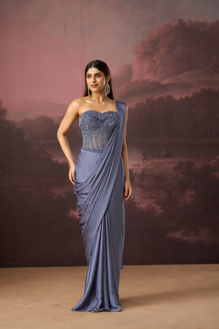AQUA CORSET EMBROIDERED PRE DRAPED SAREE | Nishly Fashion House