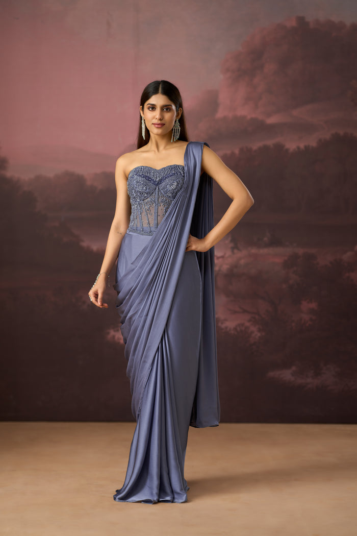 AQUA CORSET EMBROIDERED PRE DRAPED SAREE | Nishly Fashion House