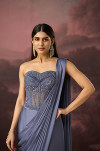 AQUA CORSET EMBROIDERED PRE DRAPED SAREE | Nishly Fashion House
