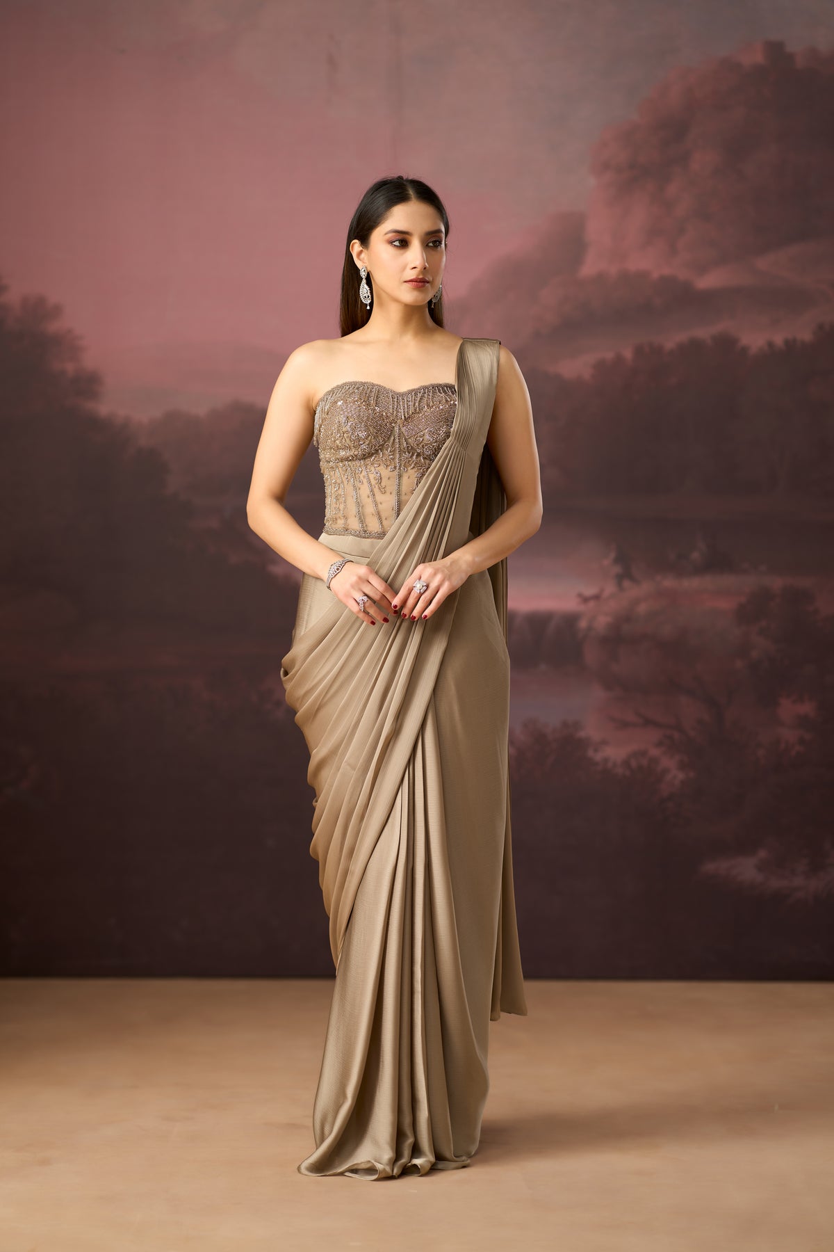 BRONZE CORSET EMBROIDERED PRE DRAPED SAREE | Nishly Fashion House