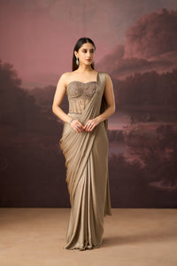 BRONZE CORSET EMBROIDERED PRE DRAPED SAREE | Nishly Fashion House