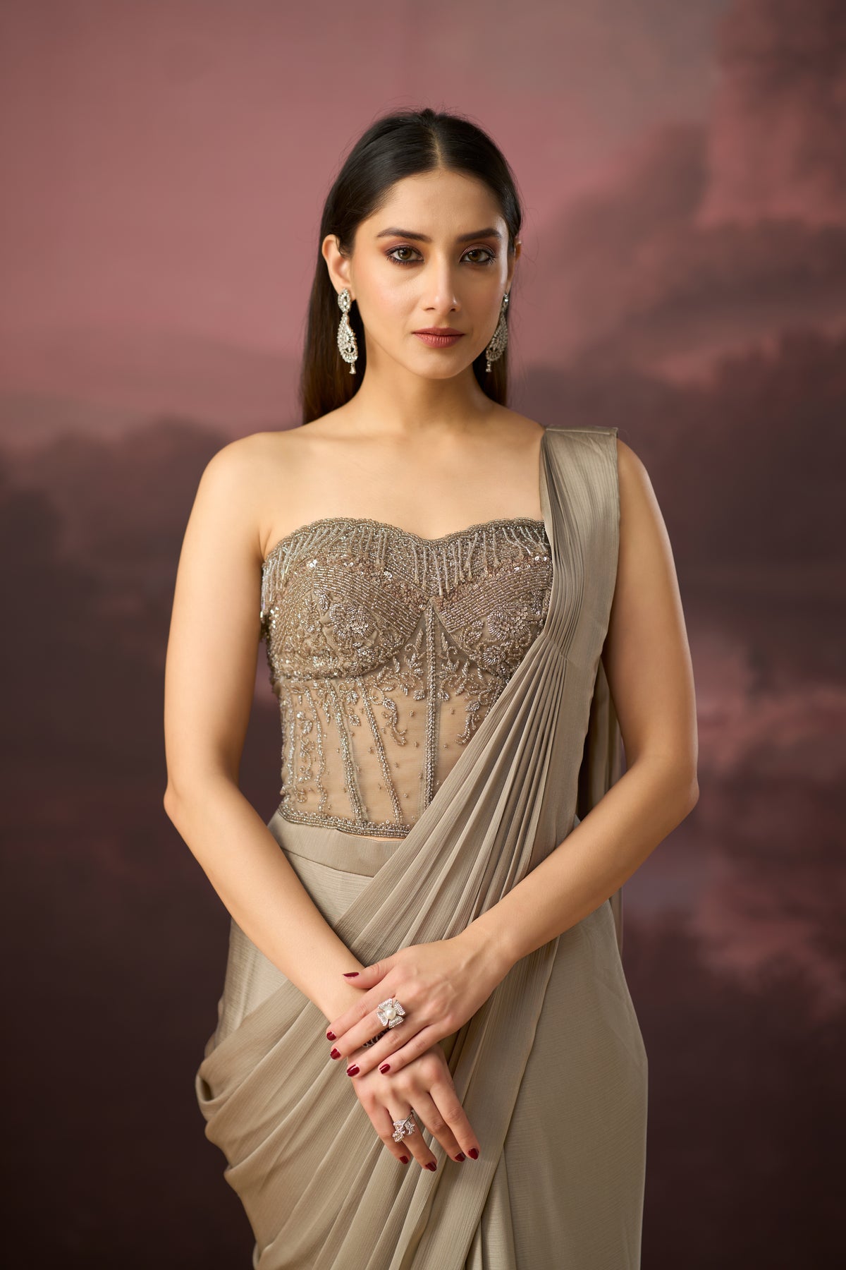 BRONZE CORSET EMBROIDERED PRE DRAPED SAREE | Nishly Fashion House