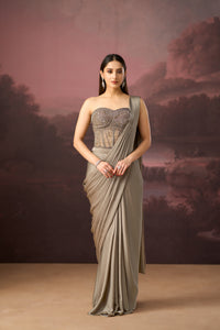BRONZE CORSET EMBROIDERED PRE DRAPED SAREE | Nishly Fashion House