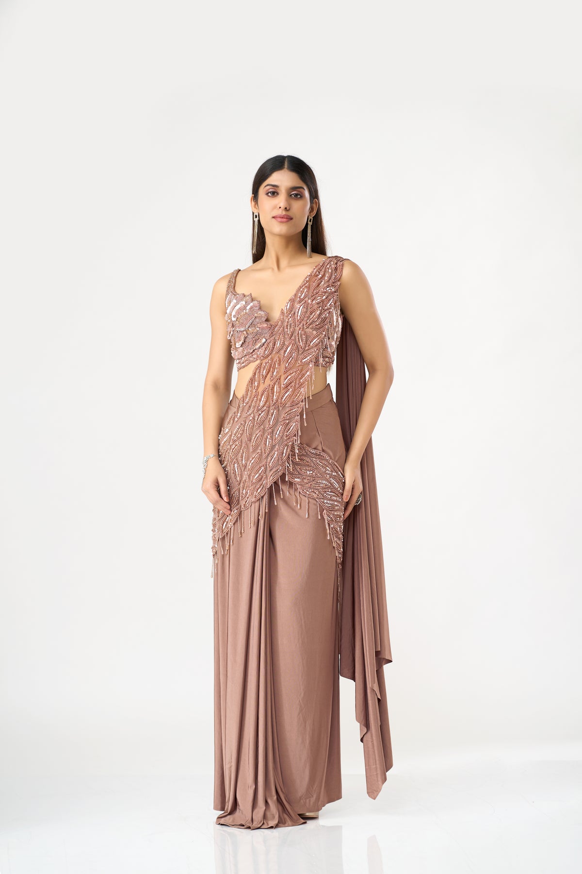 MOUSSE SEQUINS AND BEADS EMBROIDERED PRE DRAPED SAREE SET | Nishly Fashion House