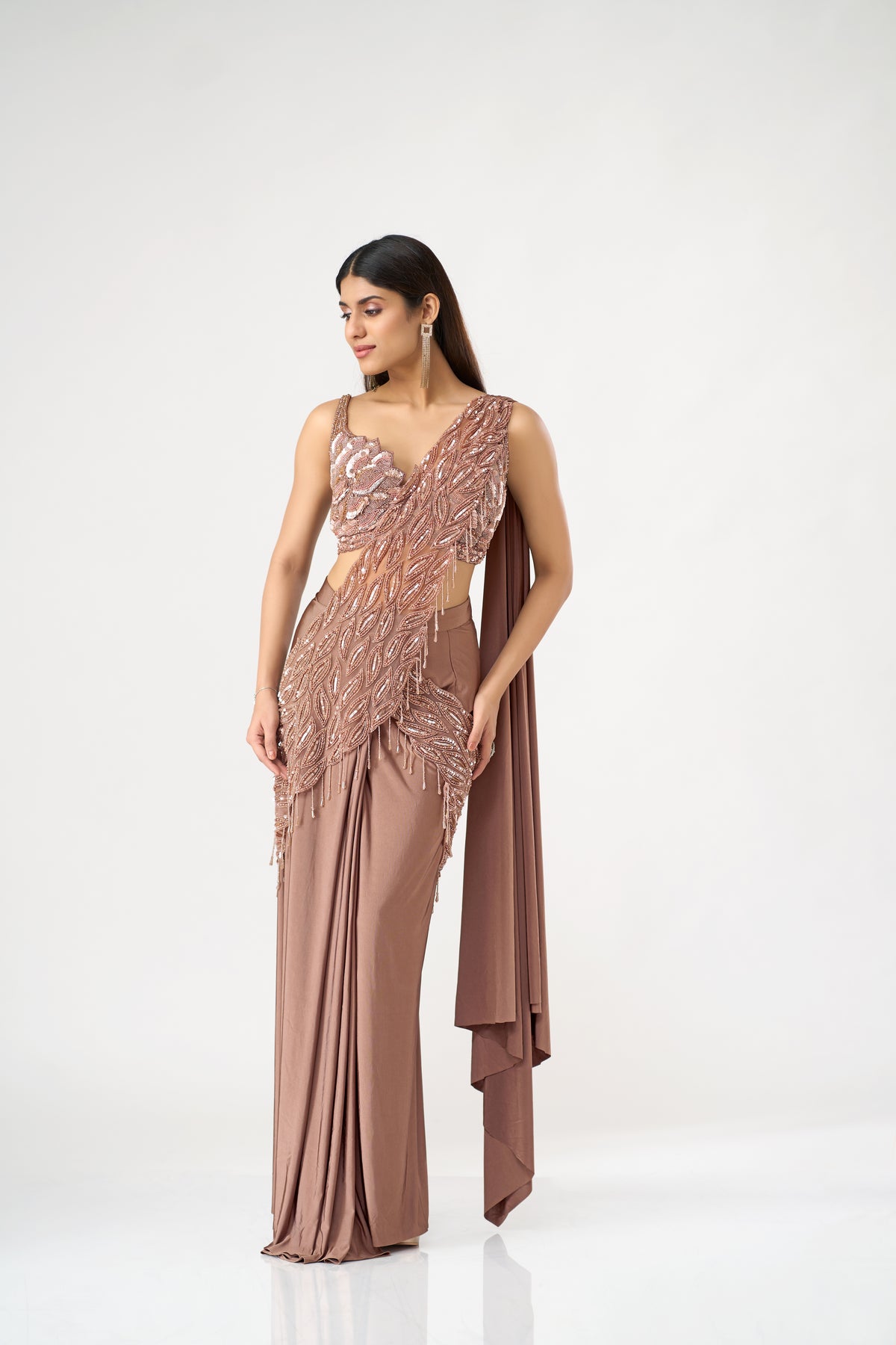MOUSSE SEQUINS AND BEADS EMBROIDERED PRE DRAPED SAREE SET | Nishly Fashion House