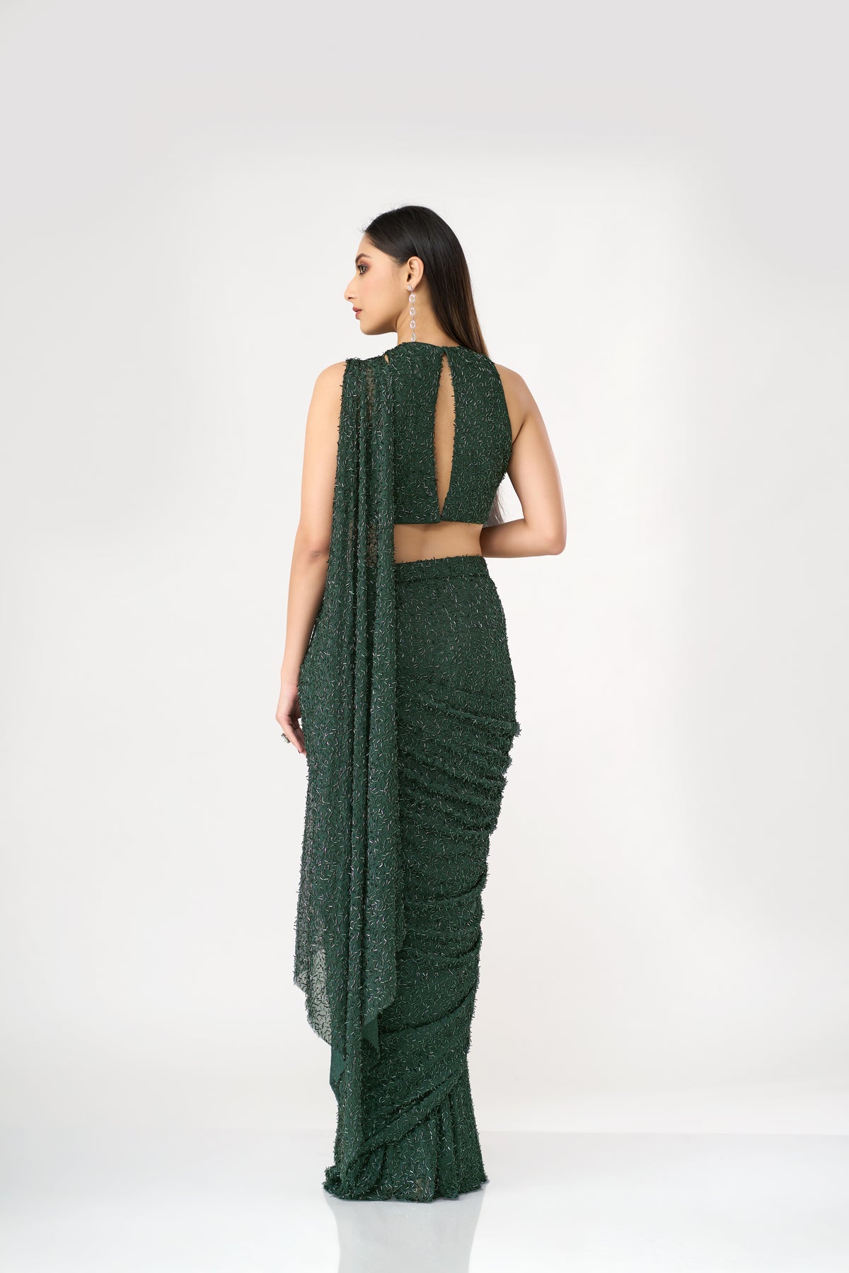 GREEN CRYSTAL EMBELLISHED BLOUSE AND PRE DRAPED NET SAREE SET | Nishly Fashion House