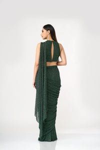 GREEN CRYSTAL EMBELLISHED BLOUSE AND PRE DRAPED NET SAREE SET | Nishly Fashion House