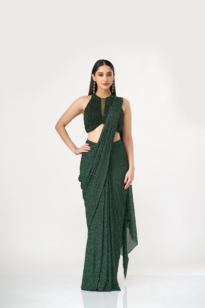 GREEN CRYSTAL EMBELLISHED BLOUSE AND PRE DRAPED NET SAREE SET | Nishly Fashion House