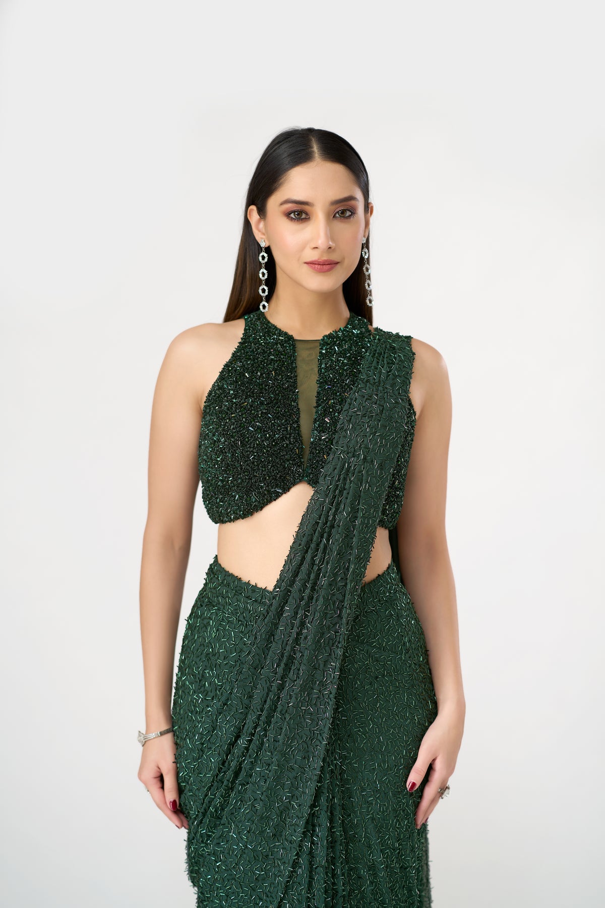 GREEN CRYSTAL EMBELLISHED BLOUSE AND PRE DRAPED NET SAREE SET | Nishly Fashion House