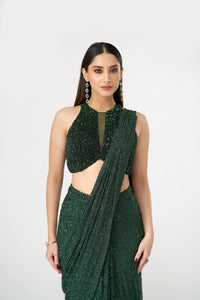 GREEN CRYSTAL EMBELLISHED BLOUSE AND PRE DRAPED NET SAREE SET | Nishly Fashion House