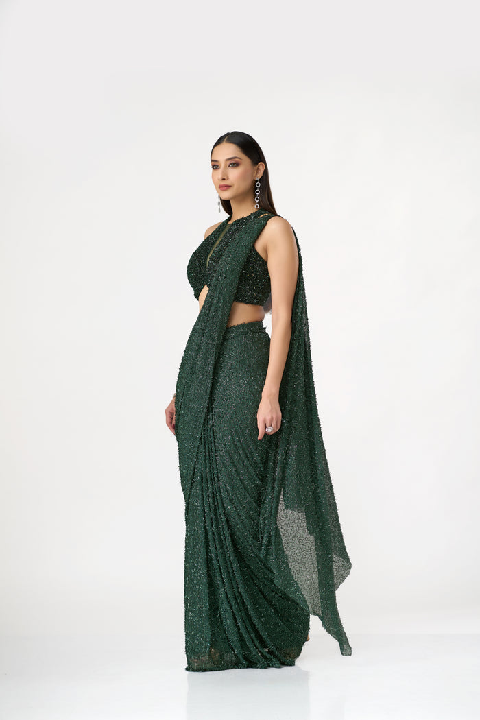 GREEN CRYSTAL EMBELLISHED BLOUSE AND PRE DRAPED NET SAREE SET | Nishly Fashion House