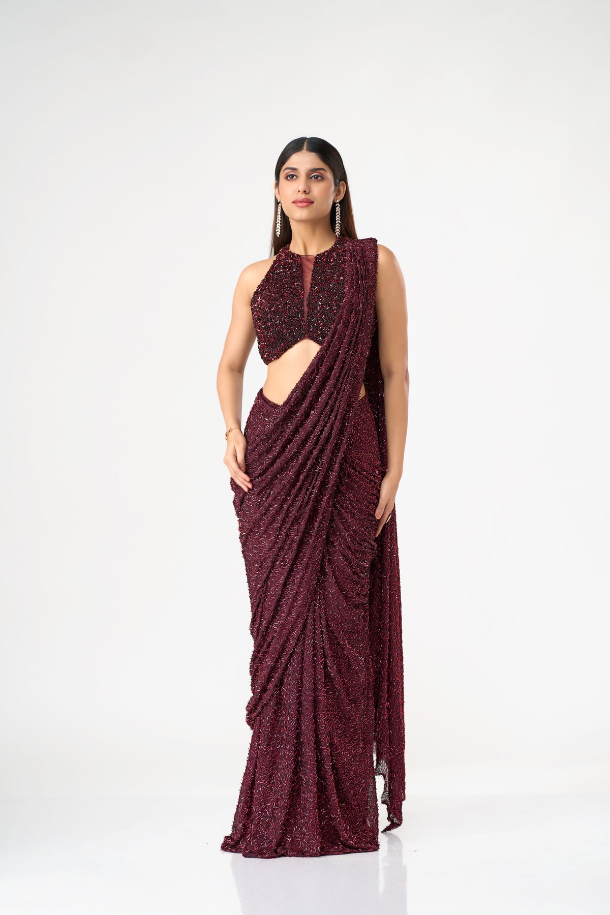 MAROON CRYSTAL EMBELLISHED BLOUSE AND PRE DRAPED NET SAREE SET | Nishly Fashion House