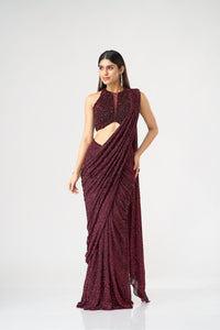 MAROON CRYSTAL EMBELLISHED BLOUSE AND PRE DRAPED NET SAREE SET | Nishly Fashion House
