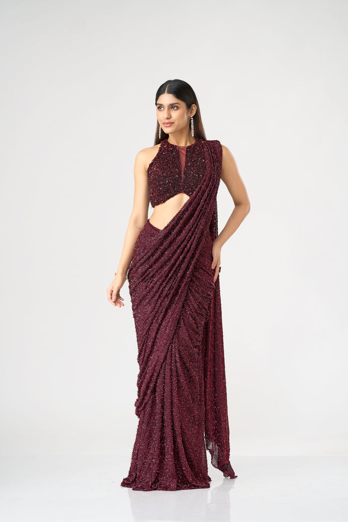 MAROON CRYSTAL EMBELLISHED BLOUSE AND PRE DRAPED NET SAREE SET | Nishly Fashion House
