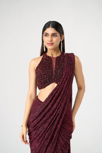 MAROON CRYSTAL EMBELLISHED BLOUSE AND PRE DRAPED NET SAREE SET | Nishly Fashion House