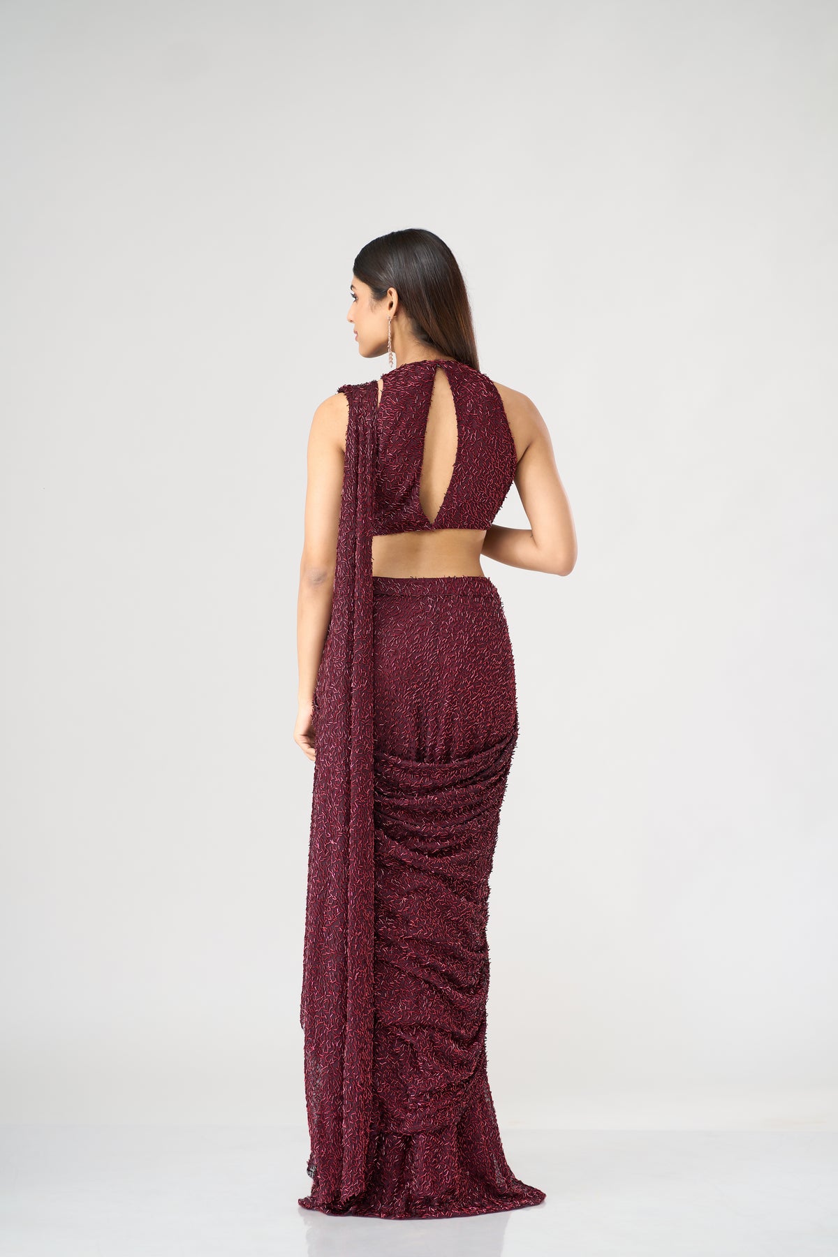 MAROON CRYSTAL EMBELLISHED BLOUSE AND PRE DRAPED NET SAREE SET | Nishly Fashion House