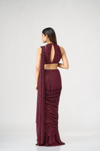 MAROON CRYSTAL EMBELLISHED BLOUSE AND PRE DRAPED NET SAREE SET | Nishly Fashion House