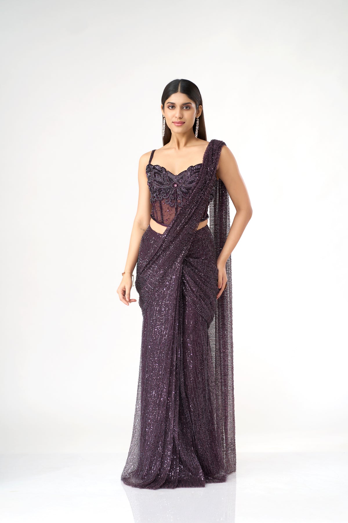 BURGUNDY CRYSTAL EMBELLISHED CORSET BLOUSE AND PRE DRAPED SAREE SET | Nishly Fashion House