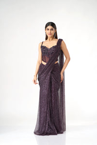 BURGUNDY CRYSTAL EMBELLISHED CORSET BLOUSE AND PRE DRAPED SAREE SET | Nishly Fashion House