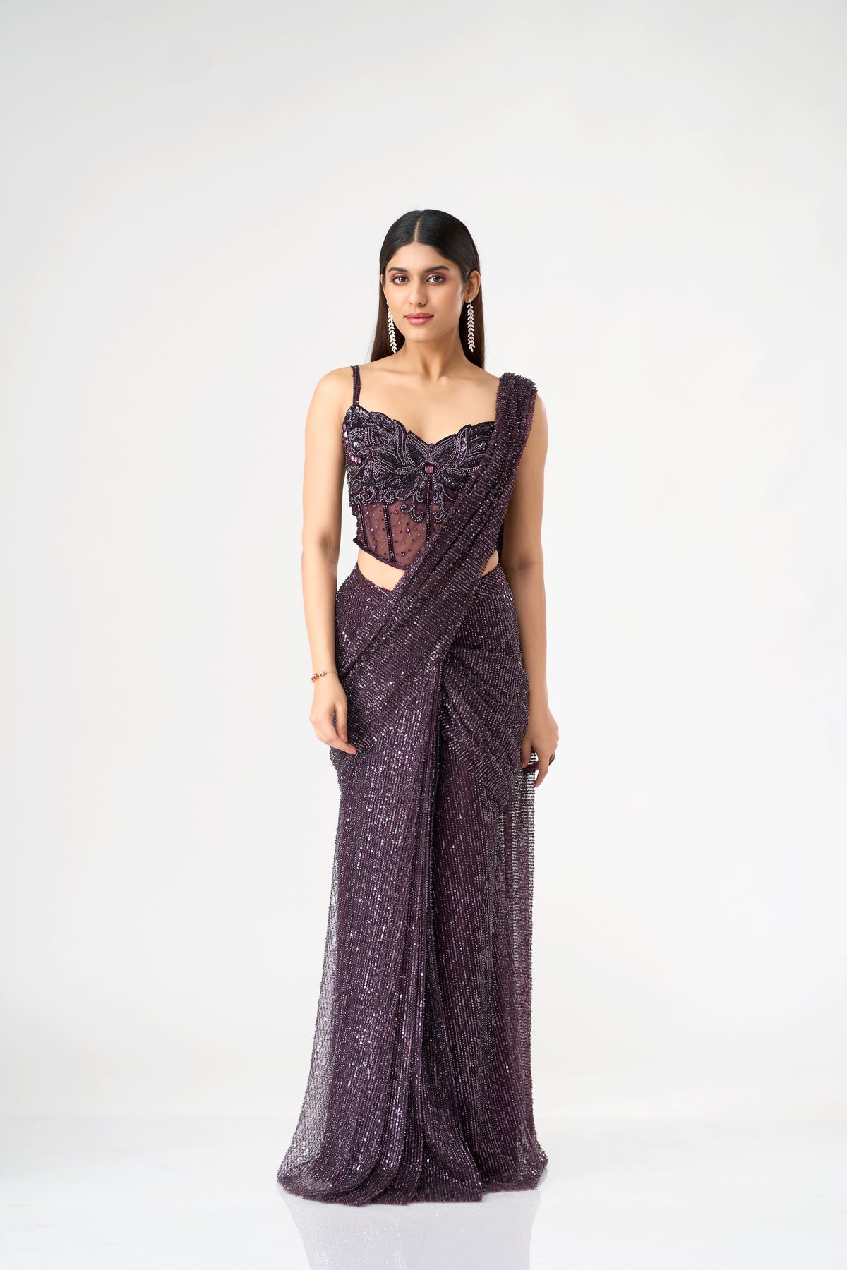 BURGUNDY CRYSTAL EMBELLISHED CORSET BLOUSE AND PRE DRAPED SAREE SET | Nishly Fashion House