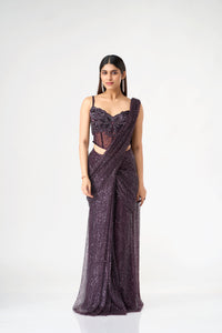 BURGUNDY CRYSTAL EMBELLISHED CORSET BLOUSE AND PRE DRAPED SAREE SET | Nishly Fashion House