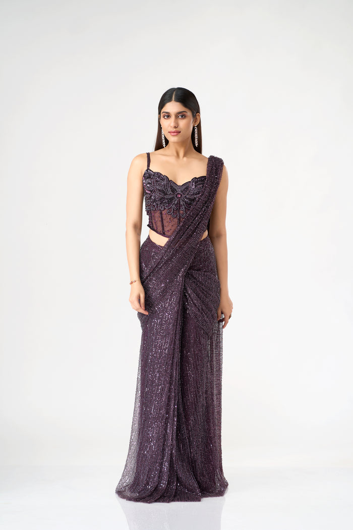 BURGUNDY CRYSTAL EMBELLISHED CORSET BLOUSE AND PRE DRAPED SAREE SET | Nishly Fashion House